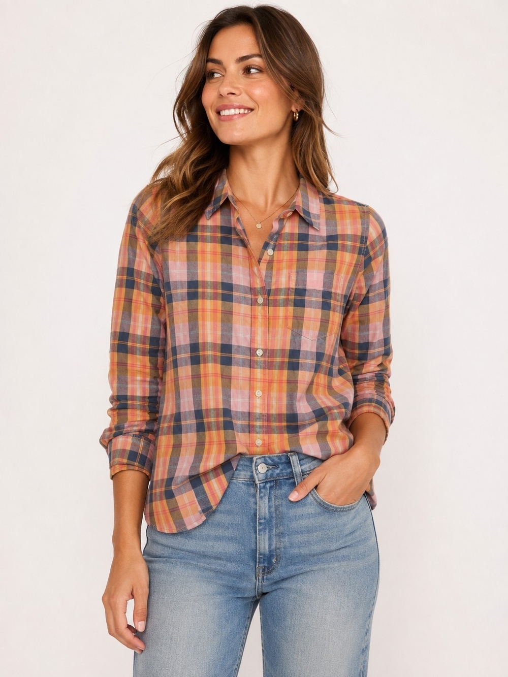 GAP Orange Navy Pink Plaid Button-Down Shirt Boyfriend Fit Sz Large